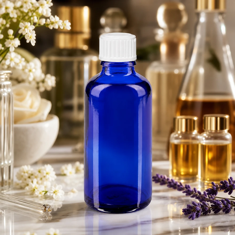 Hoogwaardige blauwe glazen fles van 50 ml met druppelaar voor etherische oliën en aromatherapie