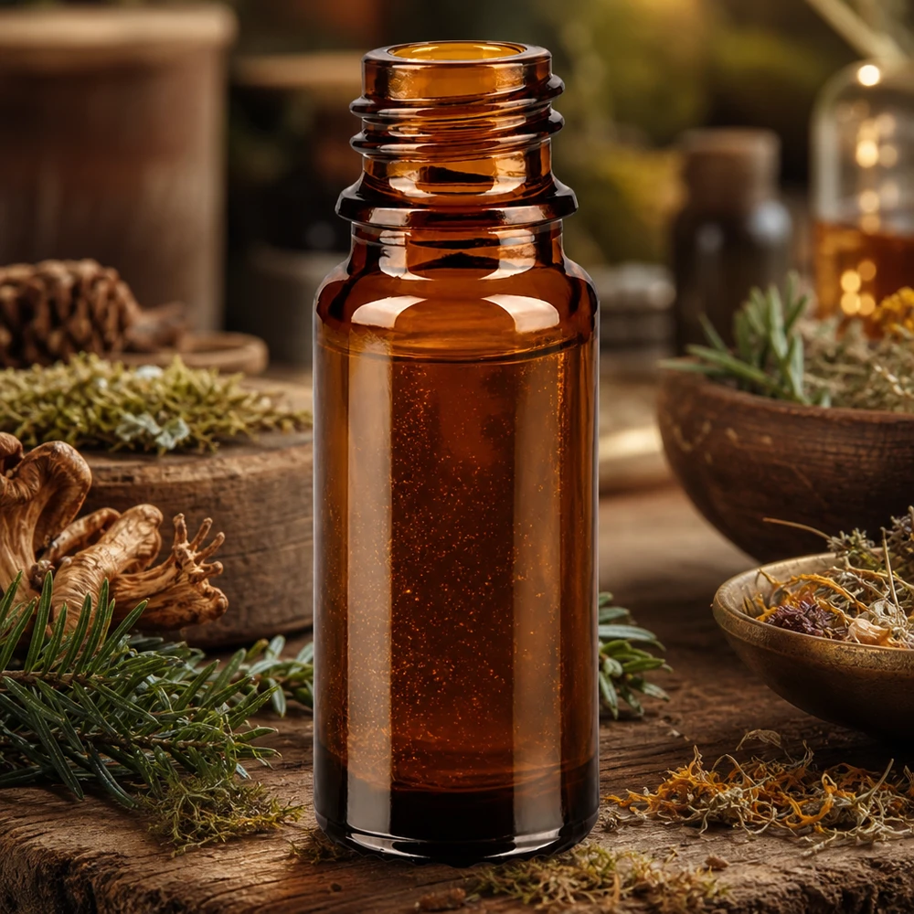 10ml bruin apothekersflesje ApoGlas met dennenappels en naaldbomen voor natuurlijke remedies en tincturen