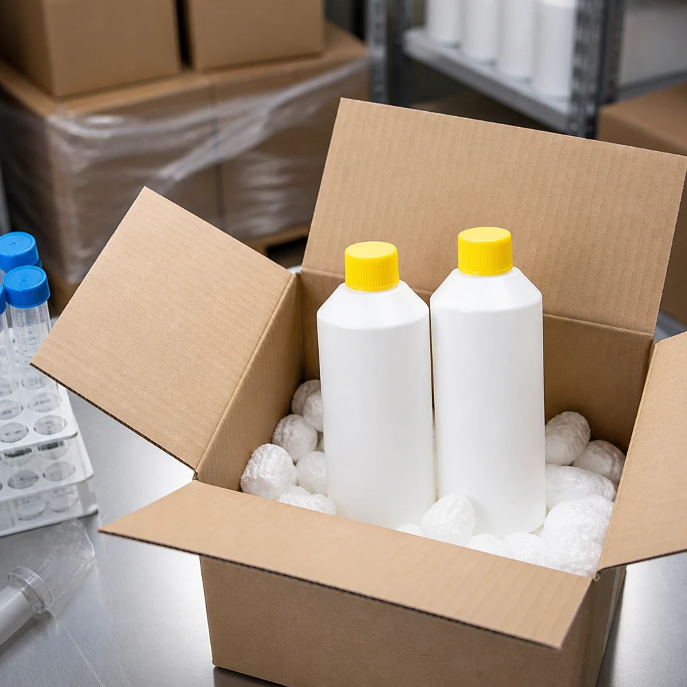 Voor apotheken geschikte HDPE-kunststof fles van 250 ml, wit met gele SV-markering, voor chemische producten