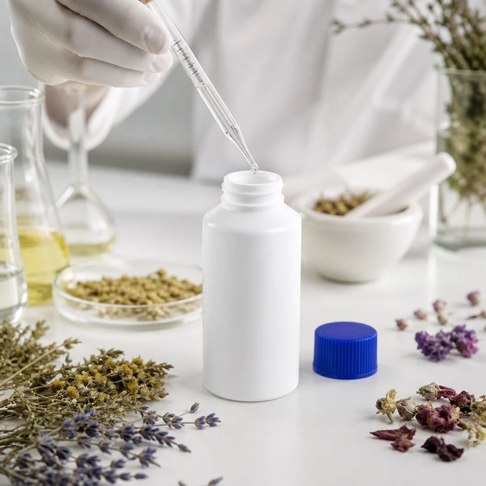 Witte farmaceutische HDPE-fles van 50 ml naast lavendel, kamille en rozenblaadjes in het laboratorium