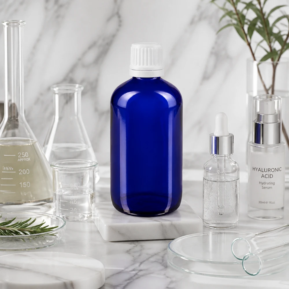Blauwe glazen flessen 100ml met wit druppelsluiting 1.2mm VR Blauwe apothekersfles van 100 ml met UV-bescherming en witte originaliteitssluiting voor cosmetica en farmacie