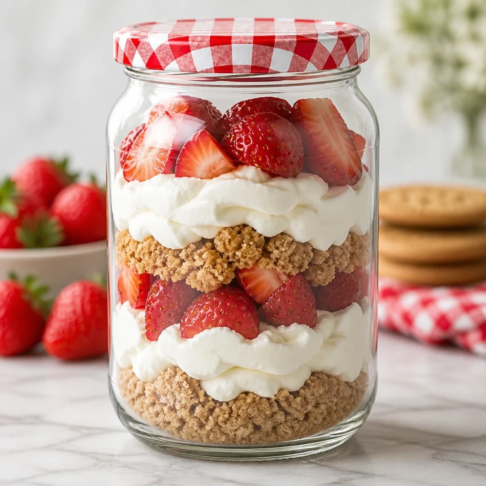 1062ml rond glas BasicSeal deksel dessert gelaagd dessert aardbeien room biscuitbodem trifle dessertglas