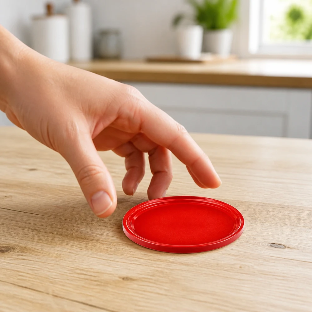BasicSeal TO82 82 mm conservendeksel rood Vergelijking van afmetingen Hand Keukenachtergrond