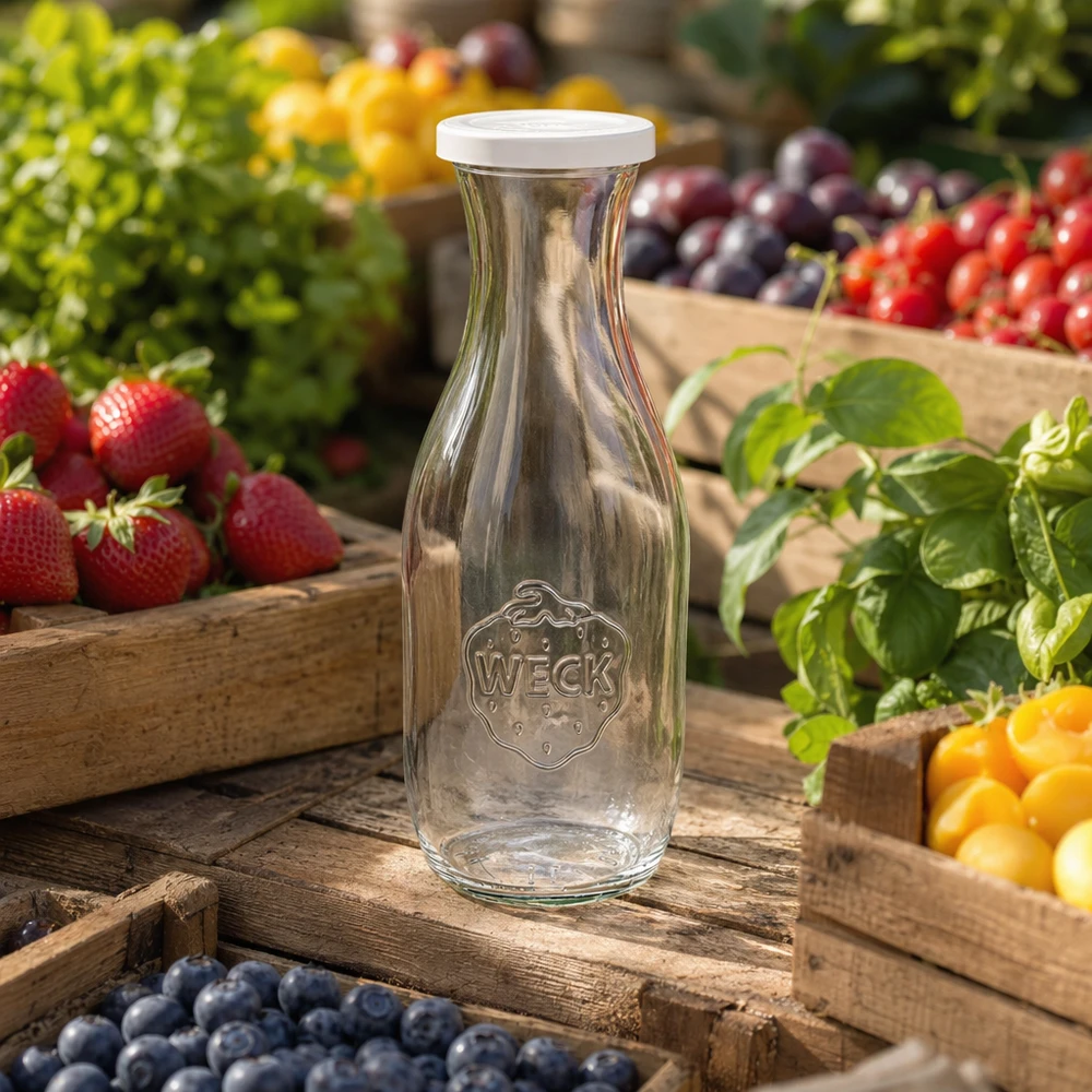 WECK sapfles 1062ml leeg met logo tussen kleurrijke vruchten op houten kratten in een natuurlijke tuinsetting