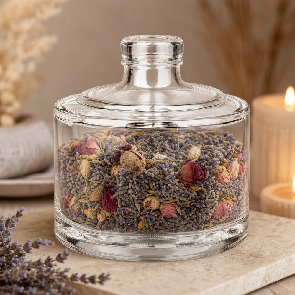 200 ml glazen fles Barbara zonder sluiting UNiTWIST® 200ml Glasflasche Barbara mit Lavendel und Rosenblüten befüllt als elegante Aromatherapie Dekoration im Spa Ambiente