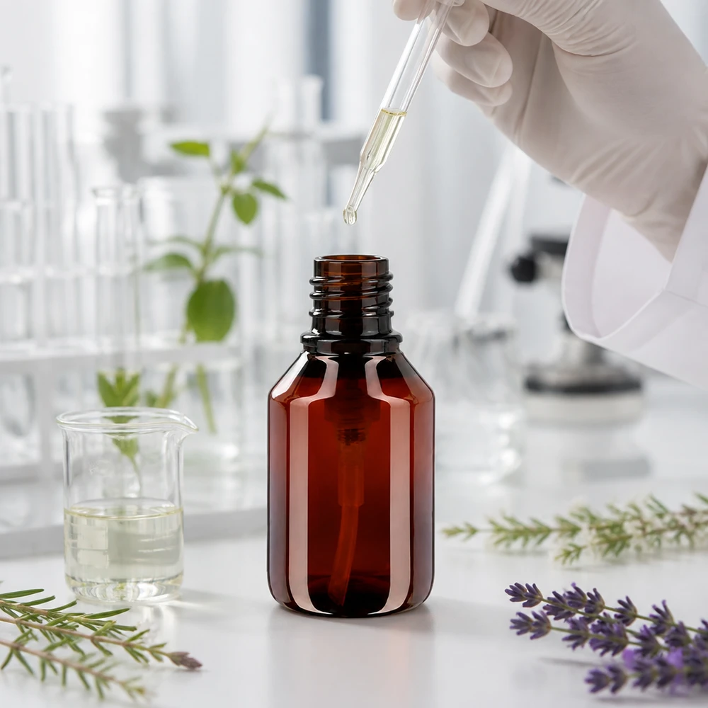 Bruine PET-fles van 50 ml met zwarte doseerpomp, naast laboratoriumbenodigdheden en geneeskrachtige planten