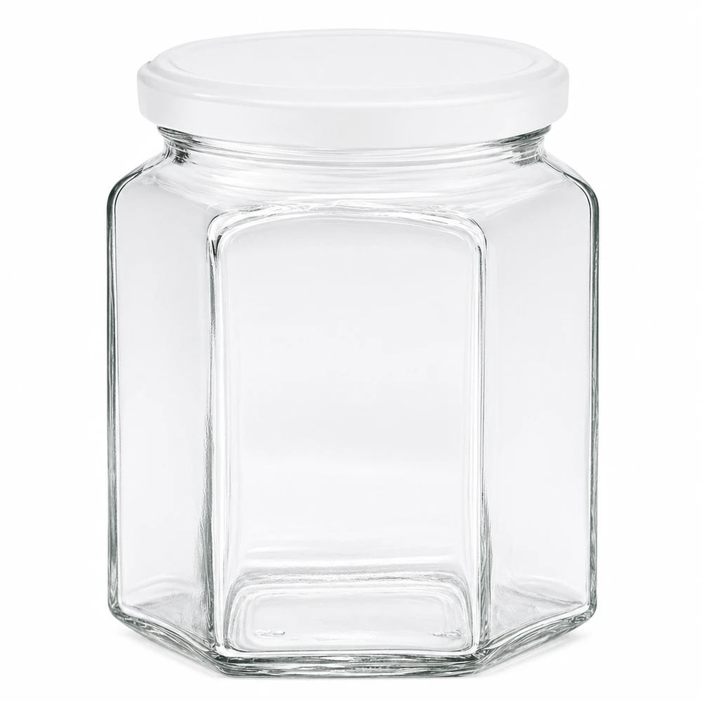 400g zeshoekige honingpot met wit schroefdeksel van glas voor honing en jam