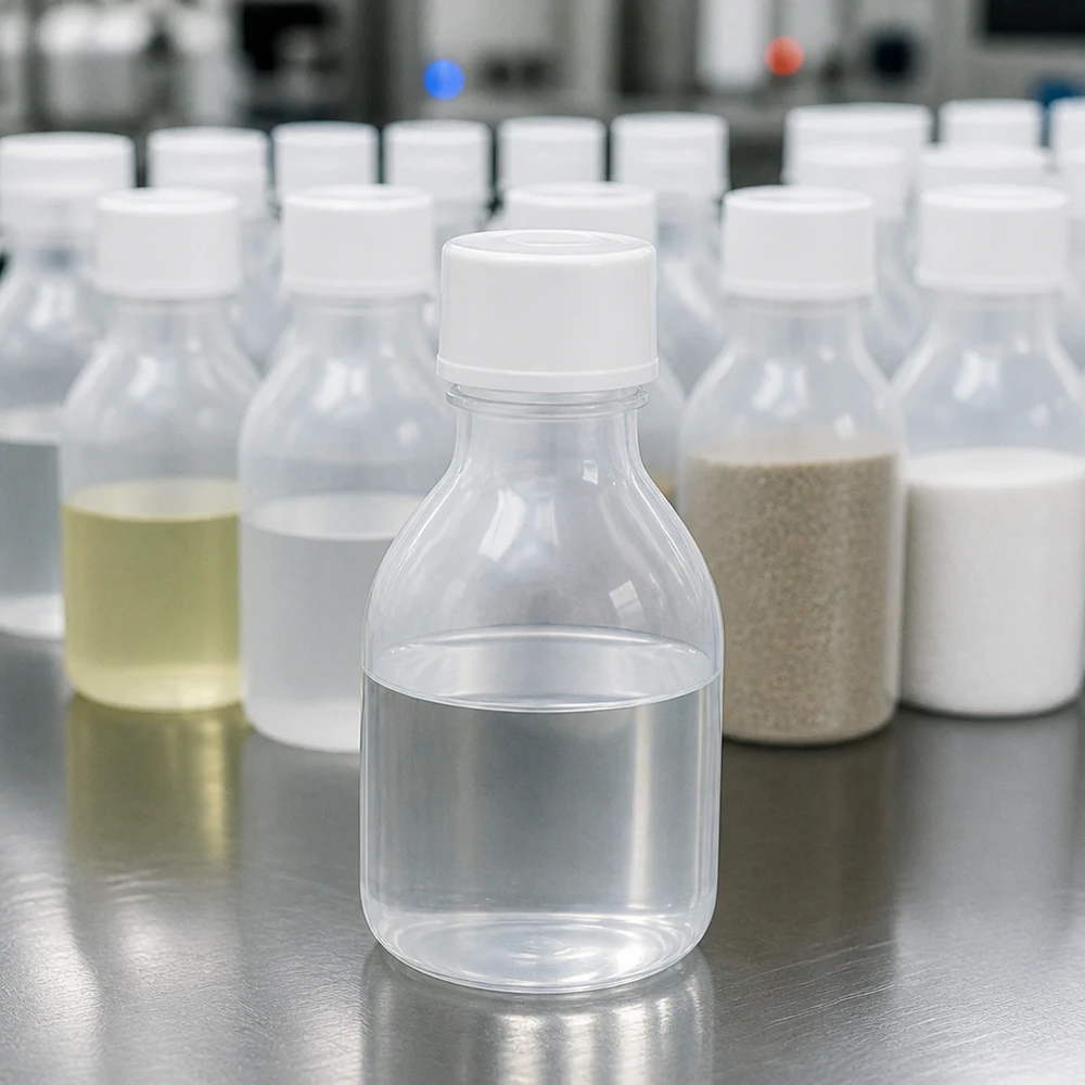 Vergelijking tussen een laboratoriumflesje van 20 ml met smalle hals, gemaakt van PE, met een gelige en een heldere vloeistof