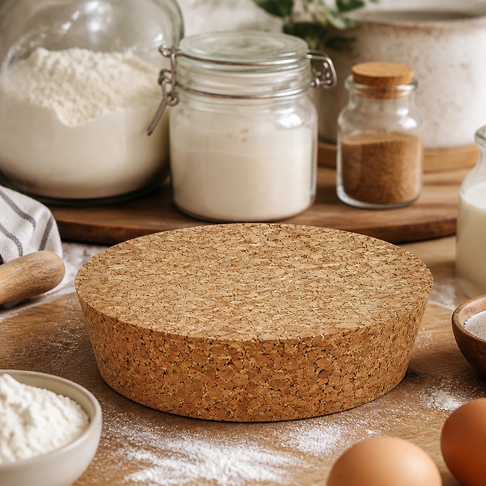 Kurk voor opening 75mm WECK RR80 (ø72/82, H=20mm) WECK RR80 kurk stopper naturel kurk rond op aanrecht met meel eieren bakingrediënten rustieke keuken decoratie naturel