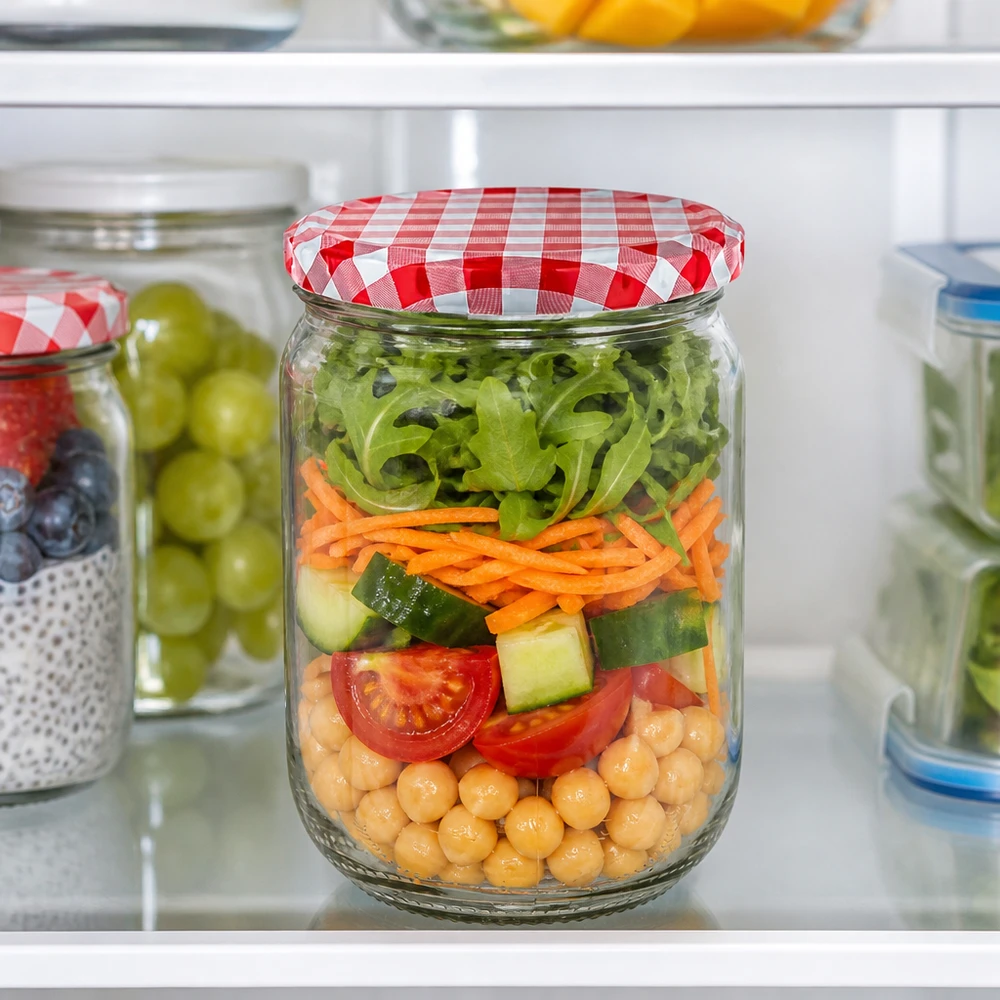 555 ml rond glazen pot UniTwist gevuld met een kleurrijke salade van kikkererwten en wortelen, met een rode BasicSeal-deksel