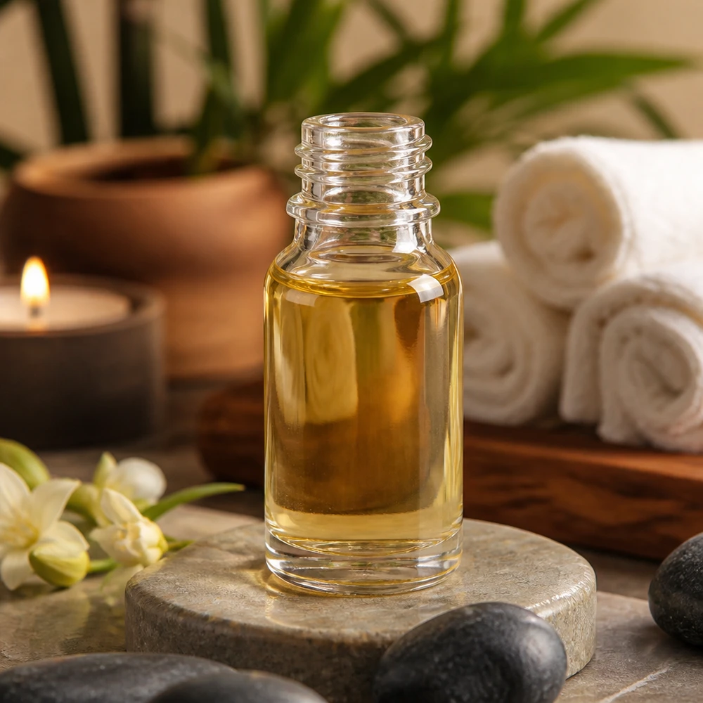 Glazen flesje van 10 ml met etherische olie in een spa-sfeer, met kaars en handdoekjes