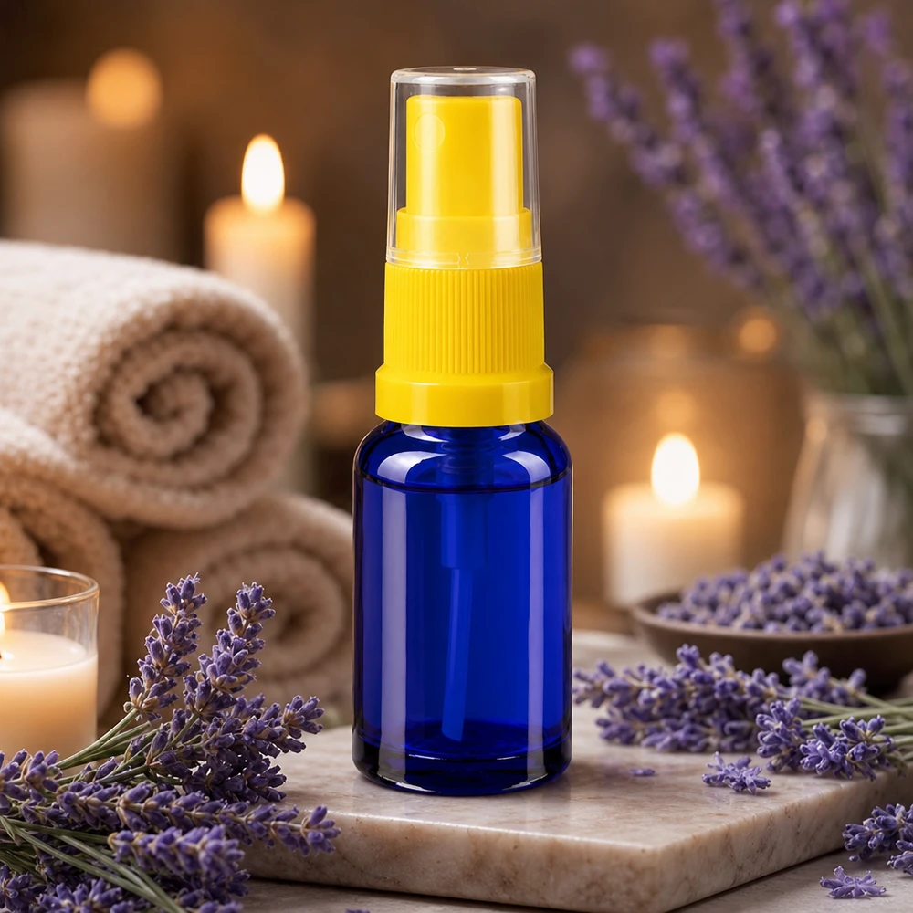 Handige reisflacon van 10 ml, blauw apothekersglas met gele verstuiver, voor parfum en oliën