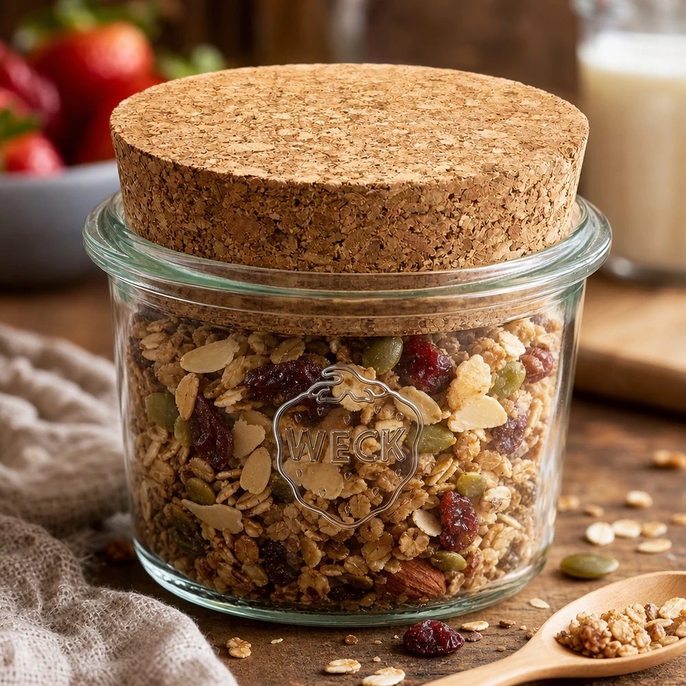 WECK RR40 35ml metselpot met kurk gevuld met muesli, noten en gedroogd fruit als voorraadpot in de keuken