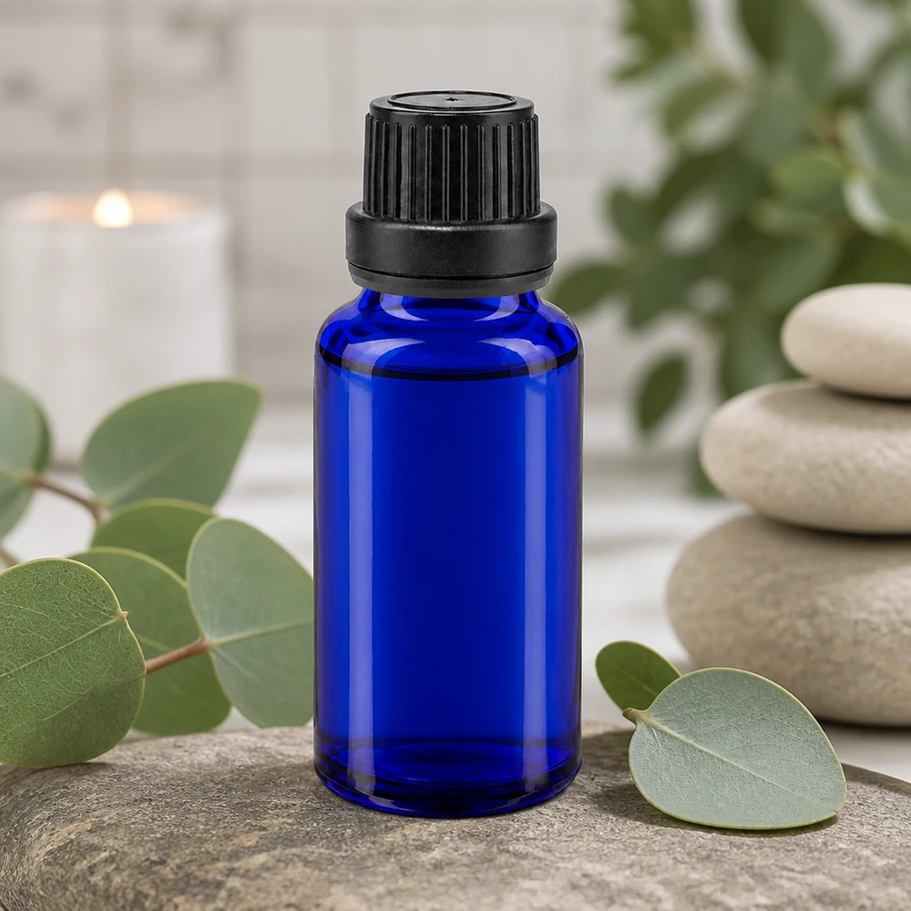 Blauwe glazen flessen 20ml met zwart schroefsluiting VR Blauwe druppelfles van 20 ml van apothekersglas met zwarte originaliteitssluiting Wellness