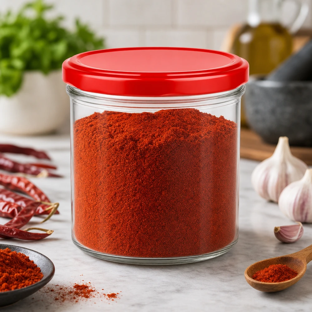 230 ml cilindrische pot met rood deksel gevuld met paprikapoeder in de keuken met specerijen en knoflook