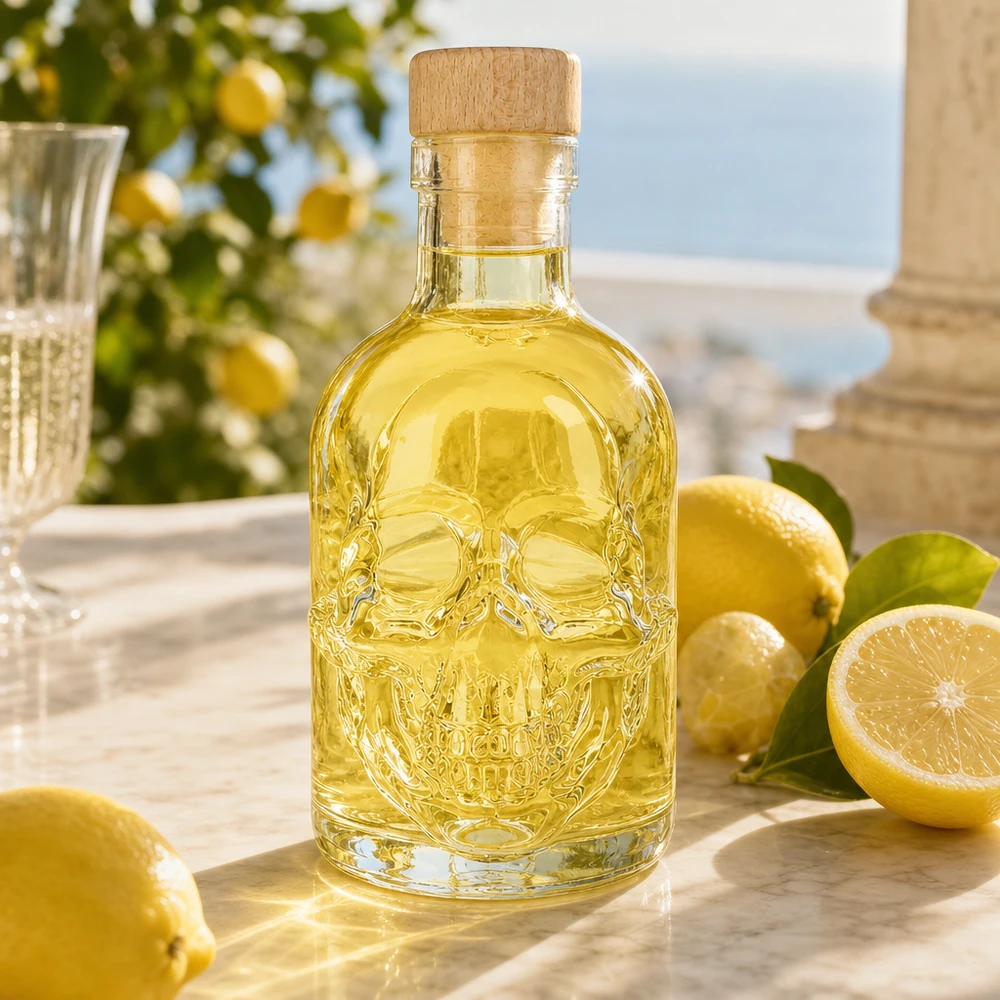 200 ml glazen fles Jack met houten kurk UNiTWIST® Dekorative Glasflasche Jack 200ml mit gelbem Inhalt zwischen Zitronen, stilvolle Küchendeko mit Totenkopf-Relief