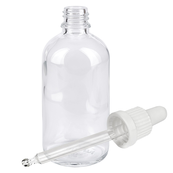100ml pipetfles wit OV ClearLine UT18/100 Lege glazen fles van 100 ml met een witte kunststof pipet voor laboratoriumtoepassingen