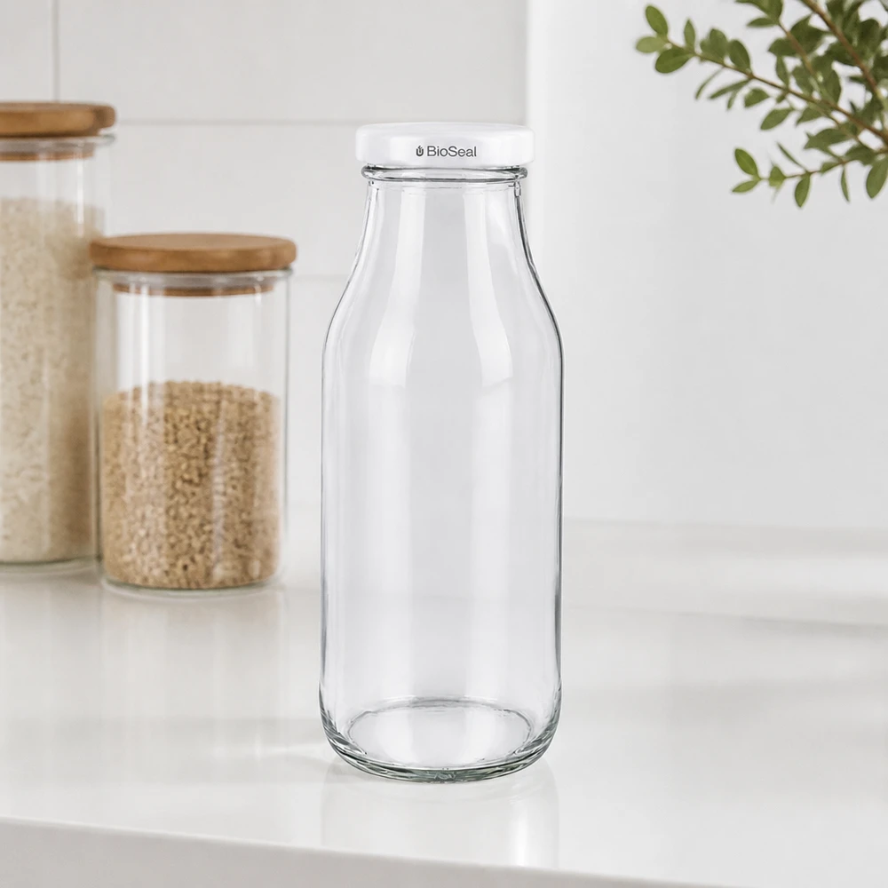 UNiTWIST Fles263 glazen fles met wit TO43 BioSeal deksel op wit werkblad naast voorraadpotten