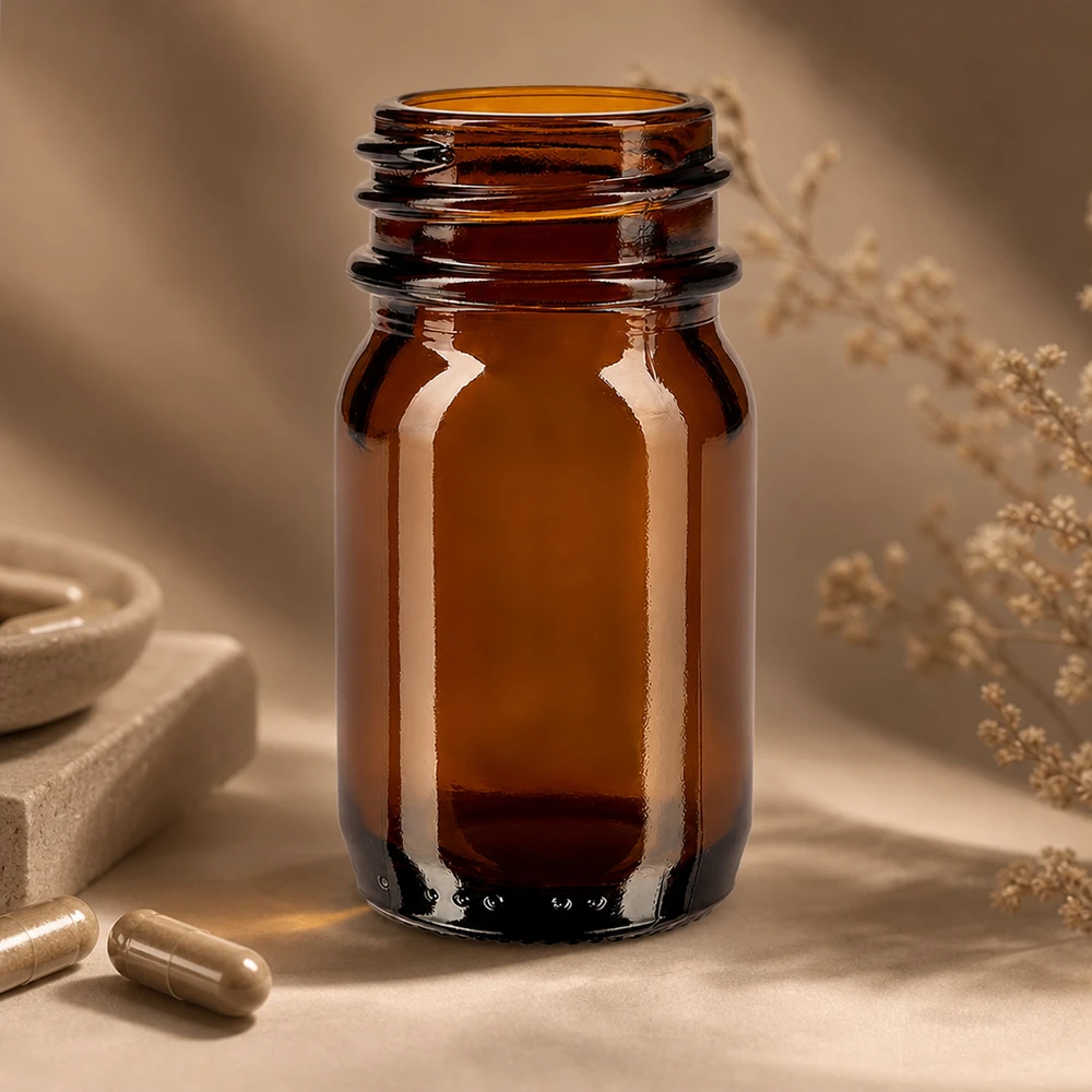 30 ml flesje met brede hals in amberkleurig glas met brede opening voor gemakkelijk vullen