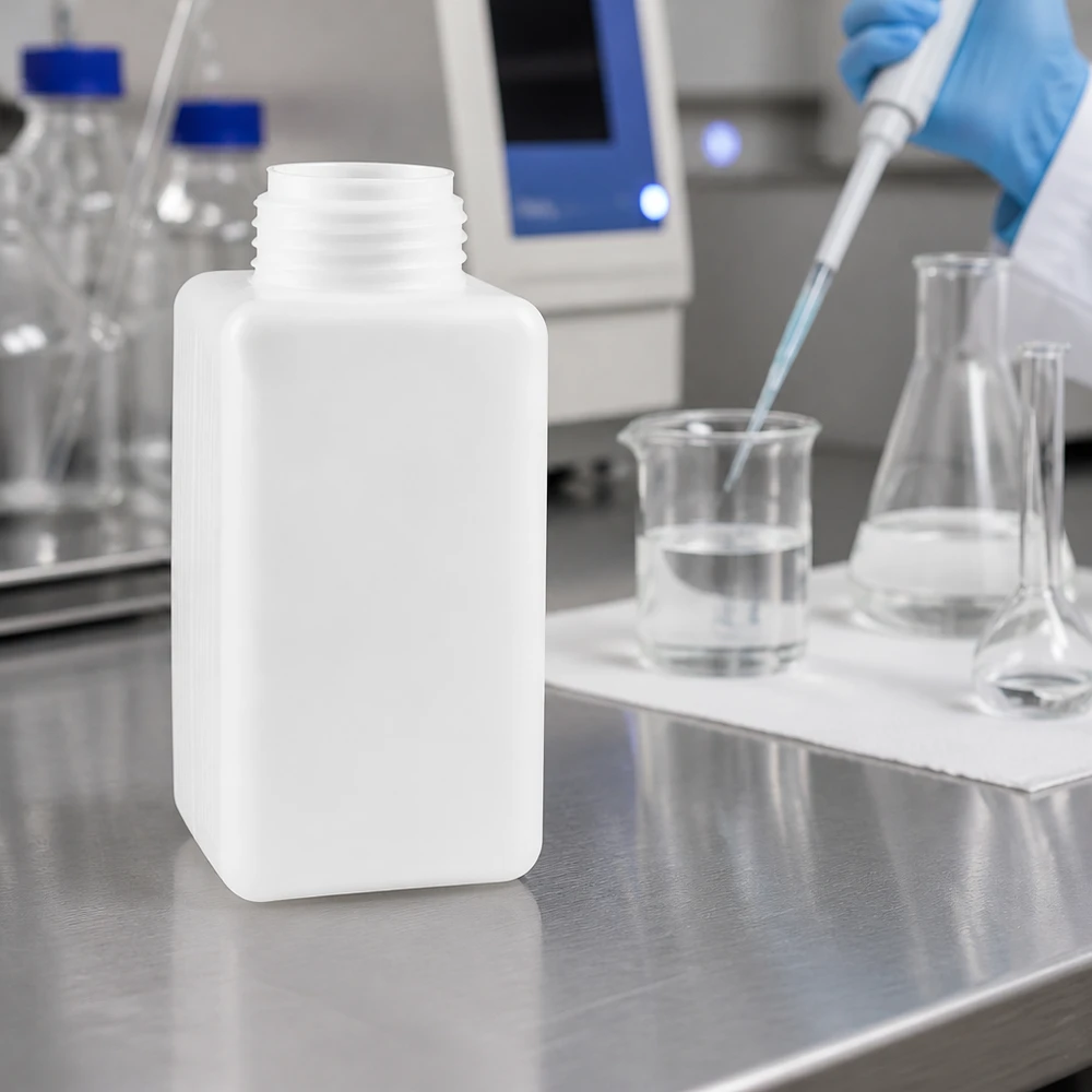 Chemicaliënfles 1500 ml, wijde hals PE-HD-fles voor chemicaliën, 1500 ml, naturel, met stapelbare rechthoekige vorm voor ruimtebesparende opslag