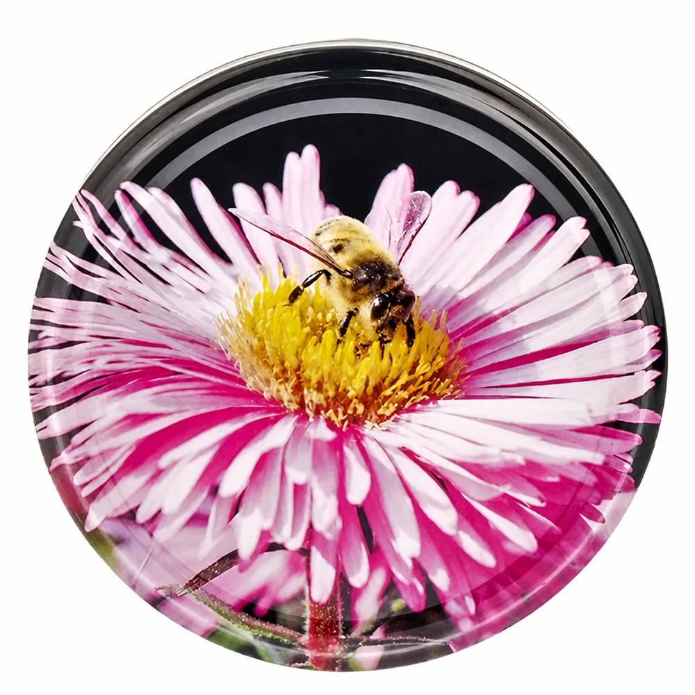 82 mm BasicSeal-deksel ‘Blüte’ (TO82) UNiTWIST UNiTWIST BasicSeal 82 mm glazen deksel met roze bloemen- en bijenmotief voor voorraadpotten TO82