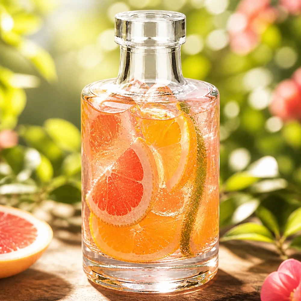 100ml glazen fles Marie met grapefruitdrank en ijsblokjes in een natuurlijke tuin met fruit