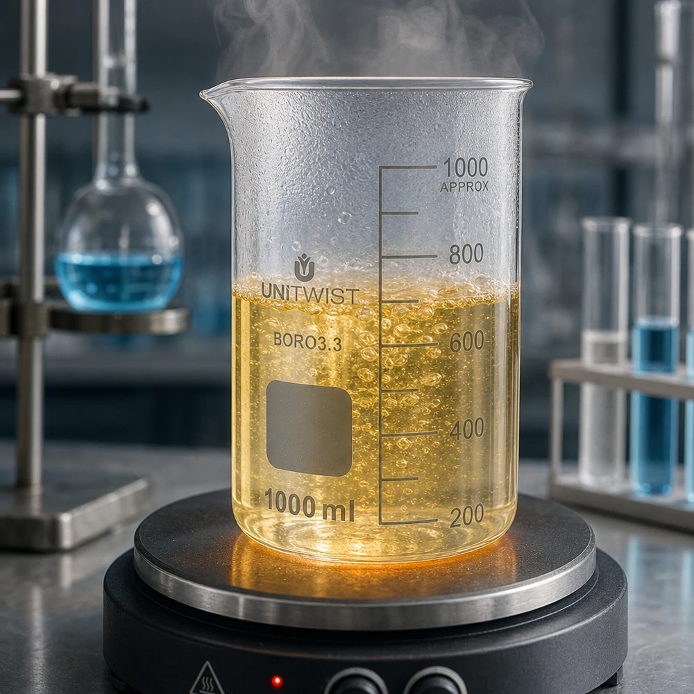 Laboratoriumbeker van 1000 ml, hoog model, UNITWIST, borosilicaatglas, met schaalverdeling tot 1000 ml, op een elektrische verwarmingsplaat