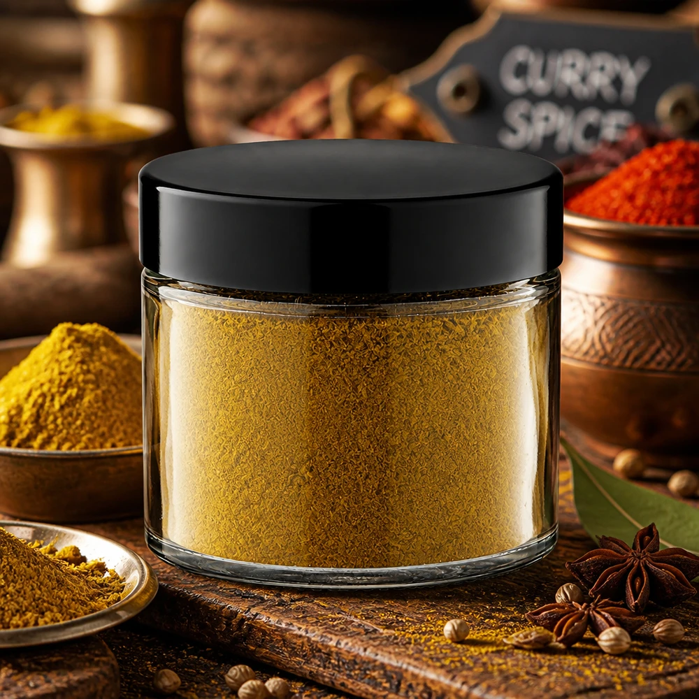 Cilindrische glazen pot van 30 ml, helder, met zwarte deksel, voor Indiase kruidenmengsels