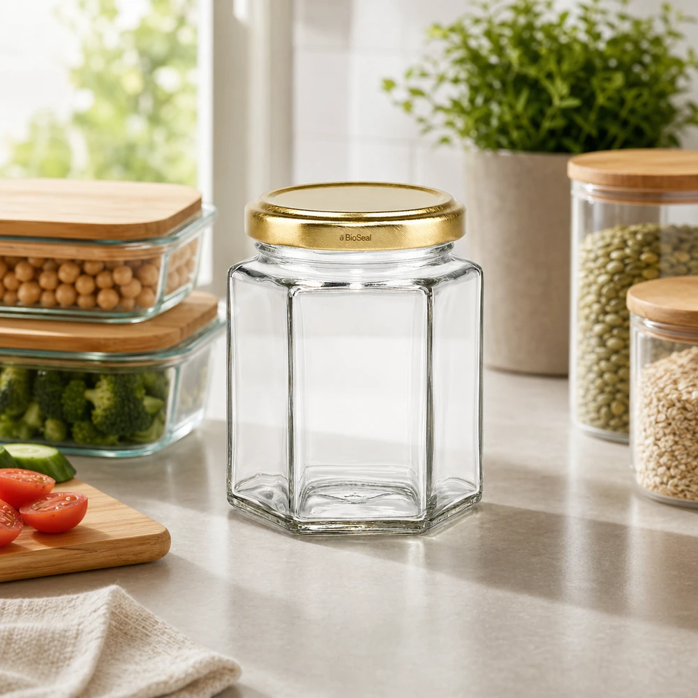 196ml hexaglas met BioSeal deksel goud UNiTWIST Lege UNiTWIST Hexa196 voorraadpot met TO58 BioSeal goud deksel op keukenblad tussen gevulde voorraadpotten.