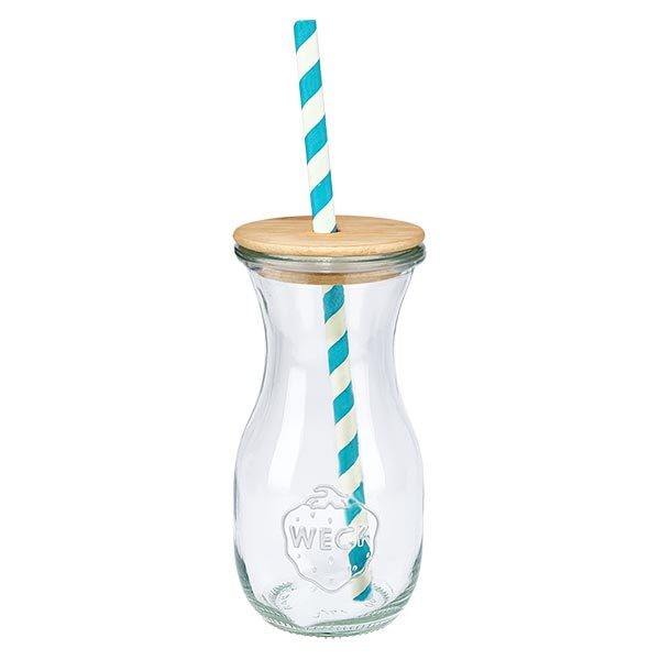 6 x WECK 290 ml sapfles RR60 met houten deksel en 100 ecologische papieren rietjes WECK glazen fles 290ml met bamboe deksel en turkoois-wit papieren rietje Enkel zicht Drinkfles