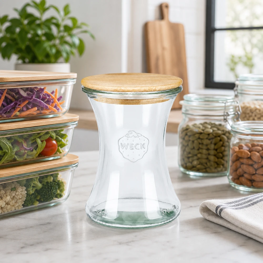 WECK delicatessenpot 370ml RR80 met houten deksel in moderne keukens naast voorraadpotten en meal prep containers