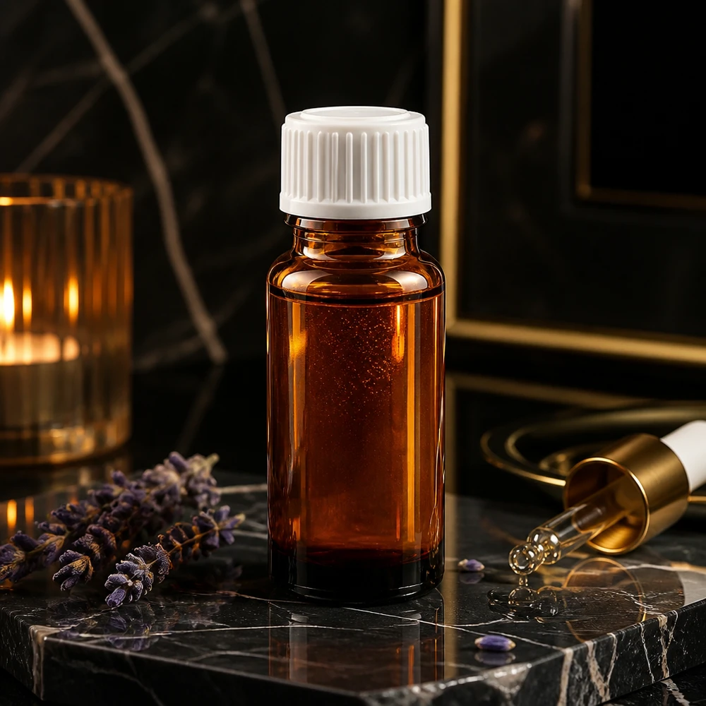 Lichtbestendig amberkleurig glazen flesje van 10 ml met een witte doseerdop van 0,9 mm