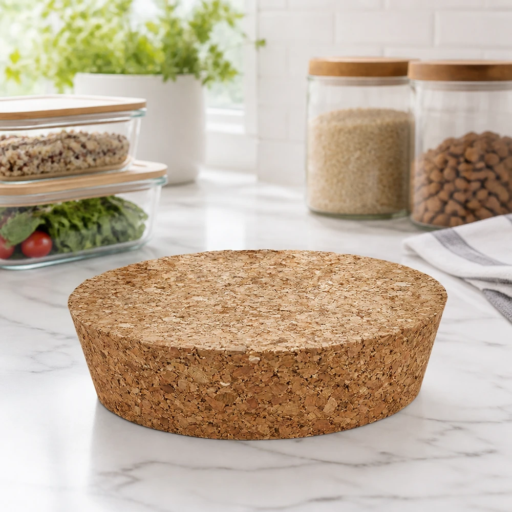 Kurk voor opening 75mm WECK RR80 (ø72/82, H=20mm) WECK RR80 kurk op marmeren blad in moderne keuken met voorraadpotten rijst noten natuurlijke keukenorganisatie