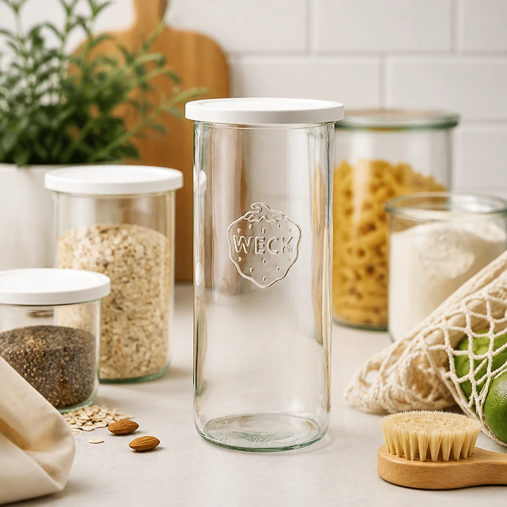 WECK 1500ml RR100 bekers in een moderne keuken met pasta voorraadpotten en duurzame eco producten
