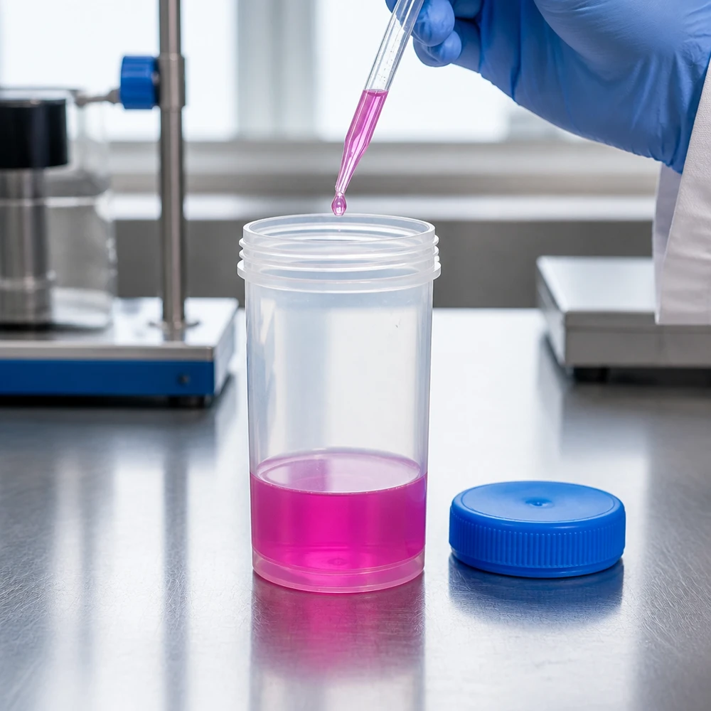 Universele kunststof pot (pathologie pot) 100ml Universele bus van 100 ml voor vloeibare laboratoriummonsters met kindveilige schroefdop