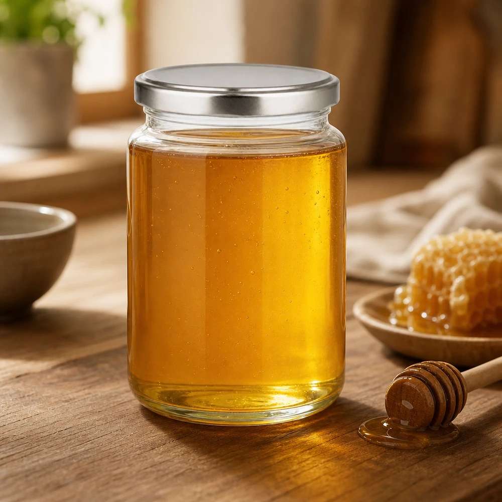 382ml ronde pot met zilveren BasicSeal deksel gevuld met honing honingpot bijenteelt houten lepel honingraat natuurlijk zoet