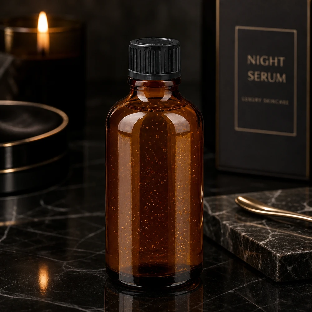 50ml fles 11mm SV zwart STD BrownLine UT18/50 Premium amberkleurige glazen fles van 50 ml met mat oppervlak en zwarte schroefdop voor huidverzorging