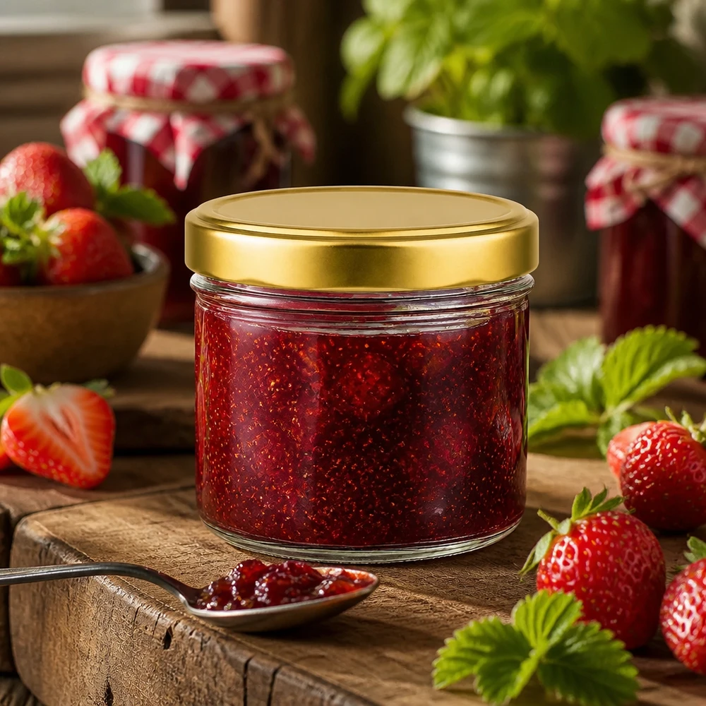 230 ml cilinderpot gevuld met aardbeienjam gouden BasicSeal deksel Toepassing voorbeeld jampot