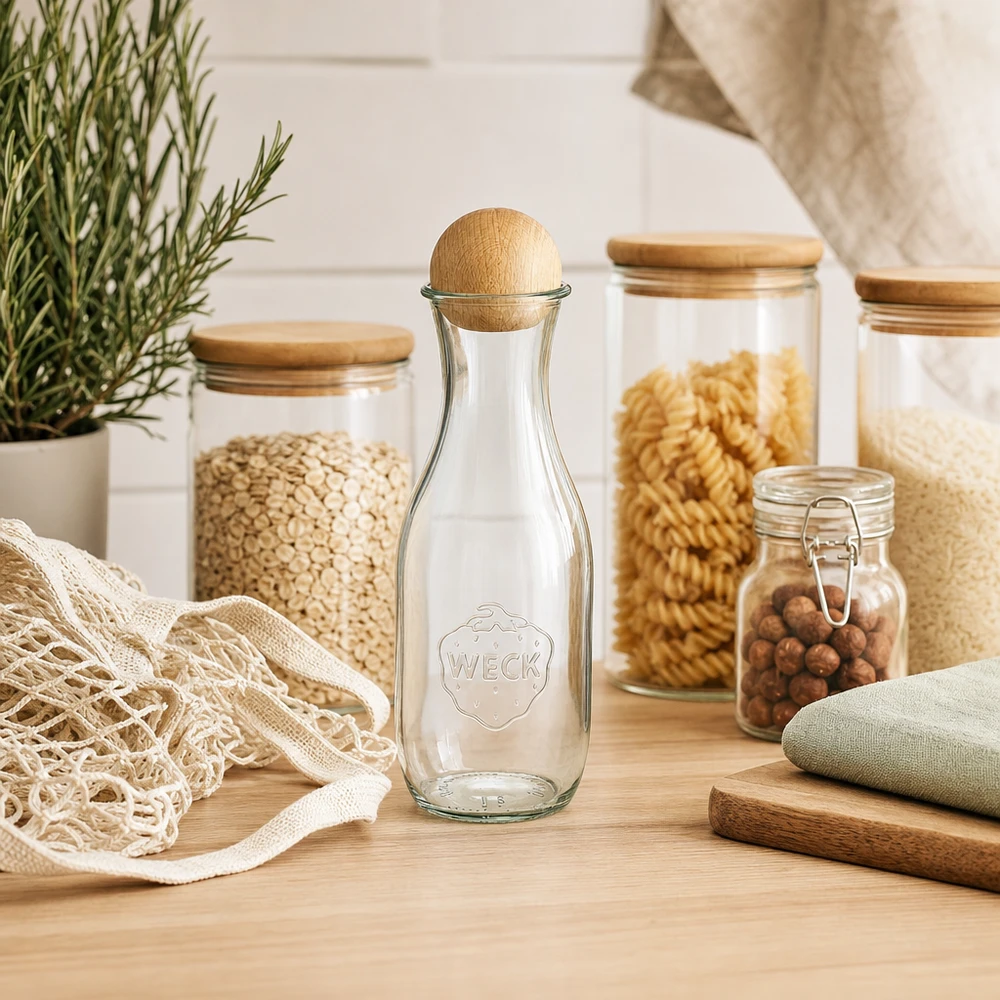 1062ml sapflessen WECK RR60 met houten bal WECK glazen fles 1062ml RR60 in duurzame keuken met zero-waste voorraadpotten jutezak en rozemarijnplantje