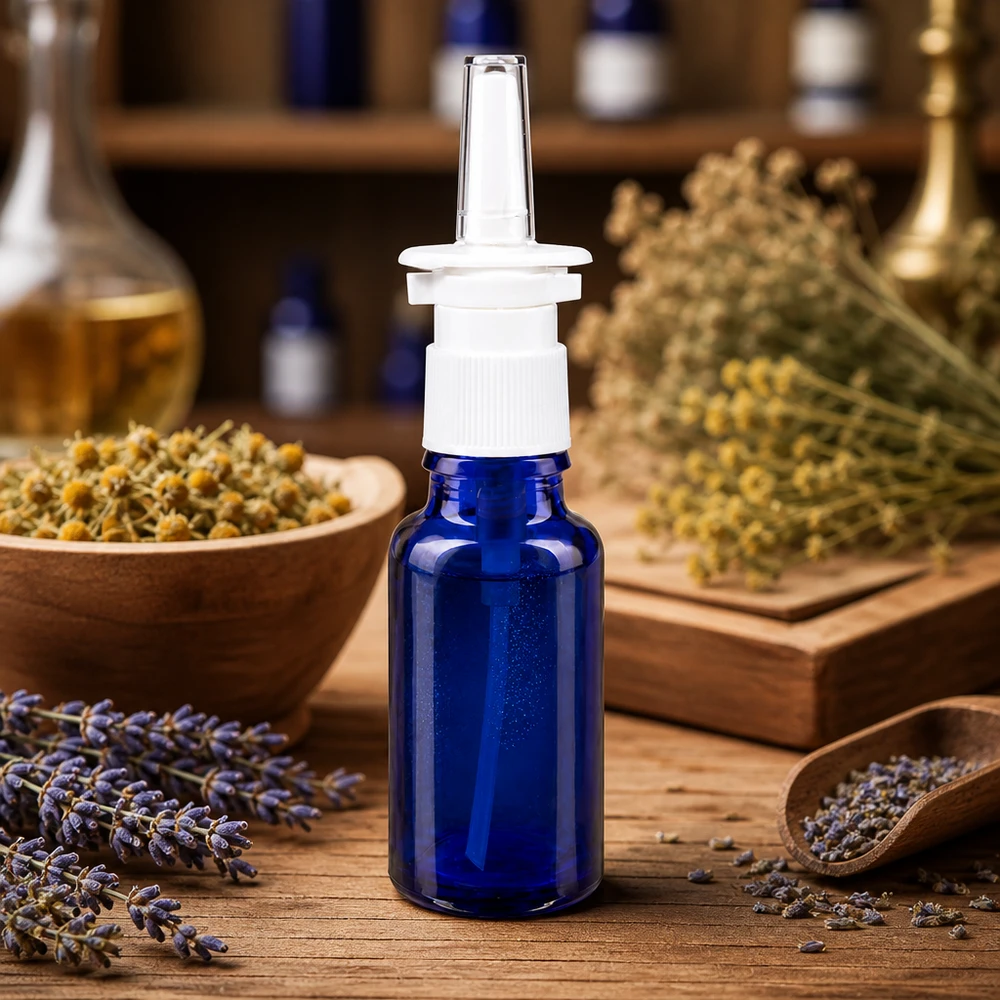 Neussprayflesje van 20 ml van UV-werend blauw glas met witte doseerdop, in een kruidenomgeving