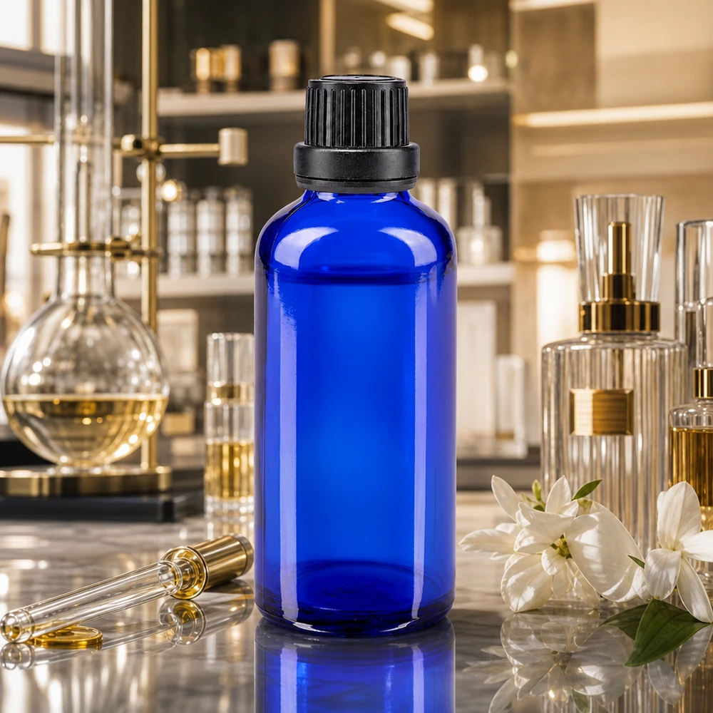 Blauwe glazen flessen 50ml met zwart schroefsluiting dicht. VR Donkerblauwe druppelfles van 50 ml, glas, met zwarte schroefdop van 11 mm