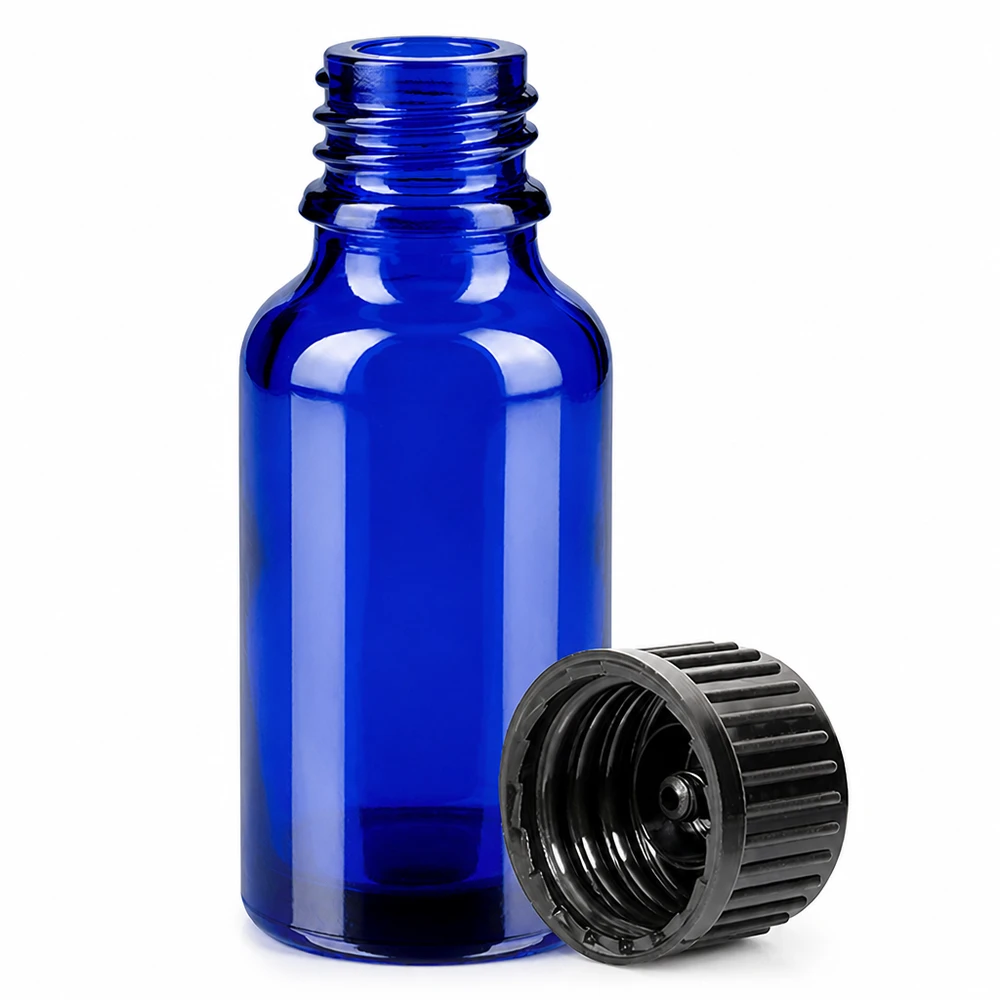 Kobaltblauw 20ml flesje met zwarte schroefdop, ideaal voor laboratorium- en farmaceutisch gebruik