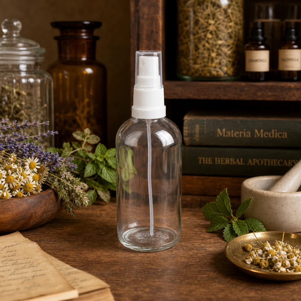 100ml sprayflacon wit/tr. STD ClearLine UT18/100 Glazen spuitfles van 100 ml ClearLine UT18: tussen geneeskrachtige kruiden en apothekersboeken – natuurlijke cosmetica