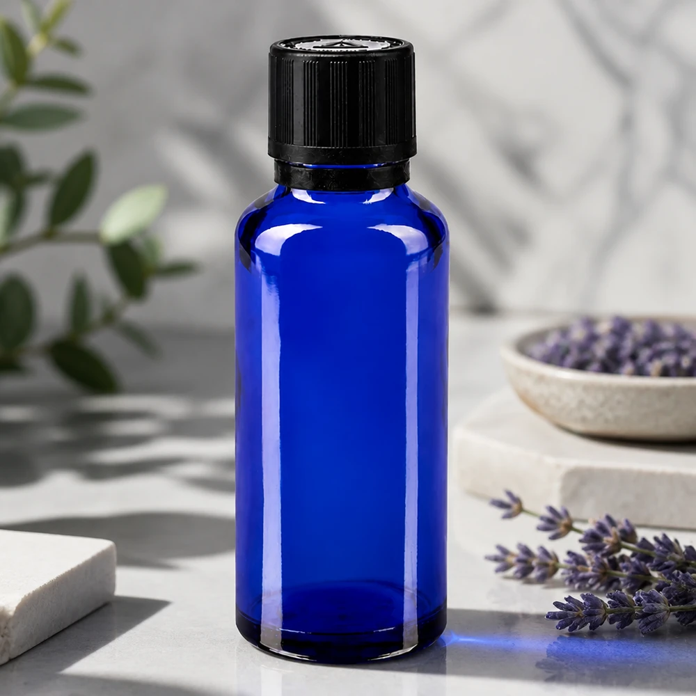 Blauwe glazen flessen 30ml met zwart druppelsluiting kinderslot Bliw VR Kleine blauwe apothekersfles van 30 ml met zwarte schroefdop voor etherische oliën
