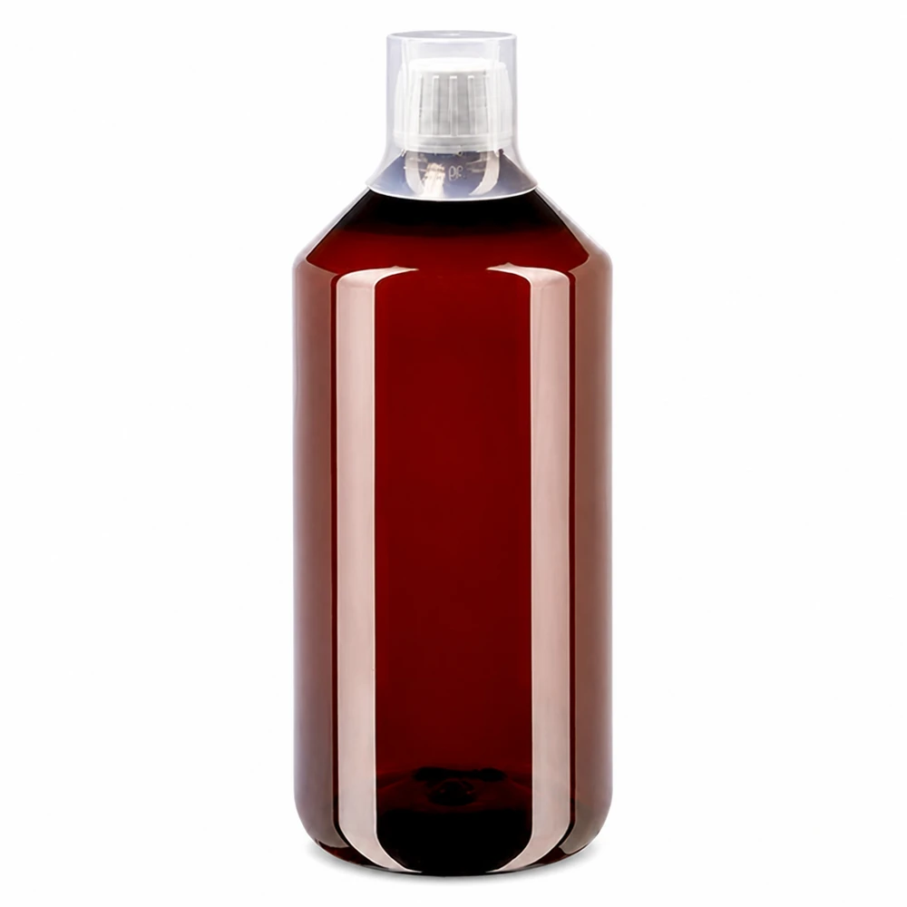 1000ml PET medicijnfles - schroefsluiting VR wit - doseerbeker 30ml blank Robuste Vorratsflasche 1000ml braun transparent mit weißem Schraubverschluss OV