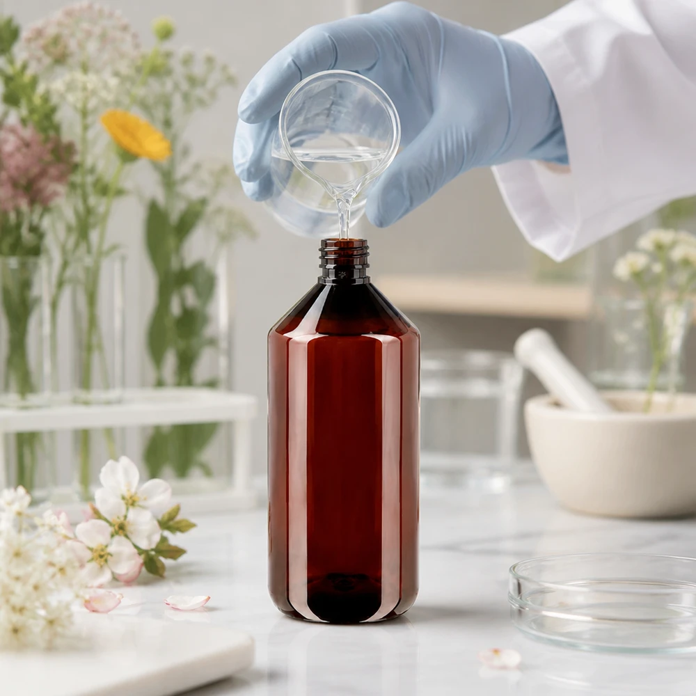PET-fles 750 ml met bruine dop Standaard PET-fles van 750 ml met bruine standaarddop en UV-bescherming voor oliën en extracten