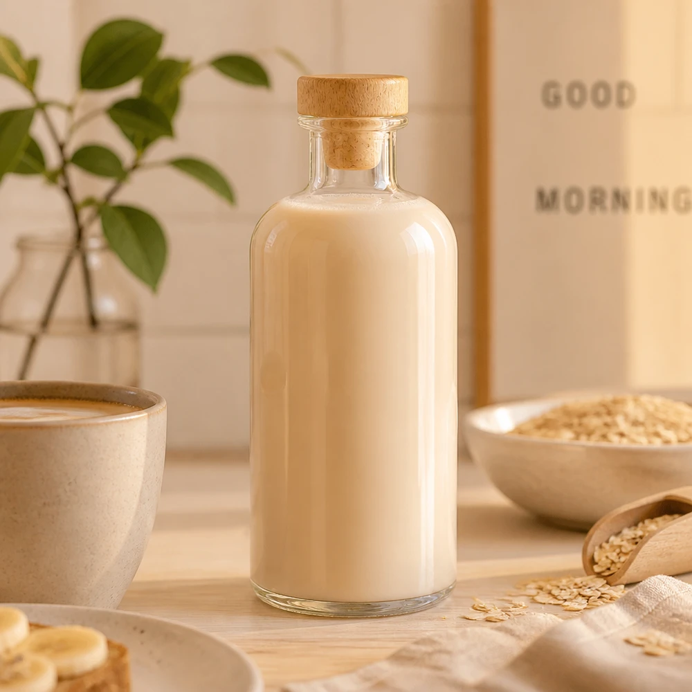 500 ml Apothekersfles Flora met houten handgreepkurk UNiTWIST® Glazen fles Flora 500ml gevuld met havermelk tussen havervlokken en kom in natuurlijke keuken