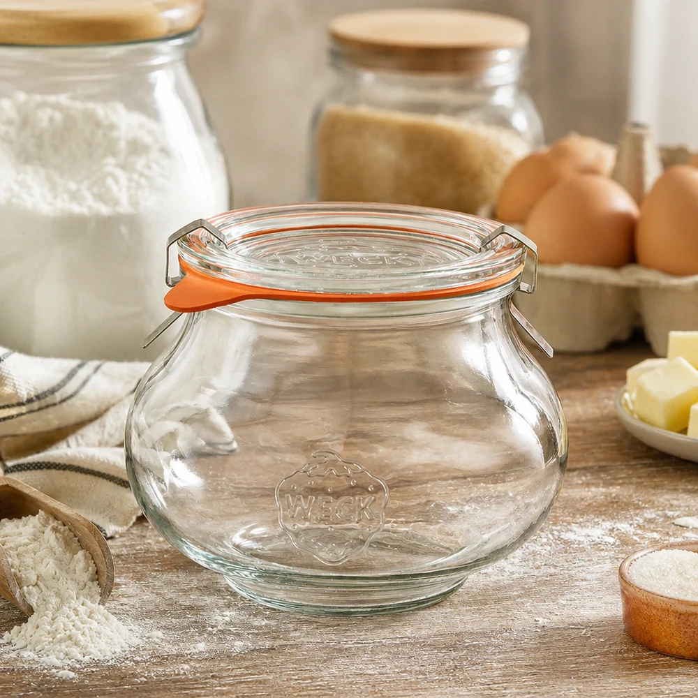 WECK decoratieve pot 560ml RR80 in rustieke keuken met bakingrediënten, bloem en eieren, perfect voor keukenorganisatie