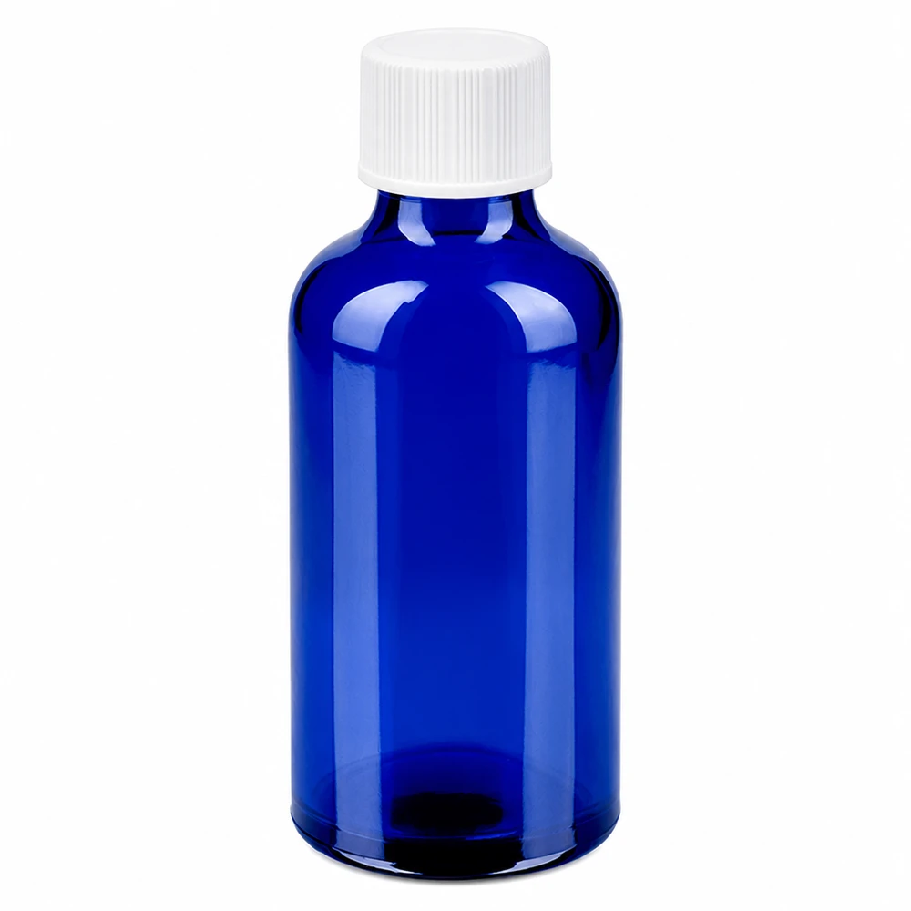 Cilindrische 50ml glazen fles blauw met witte 11mm standaard dop UT18
