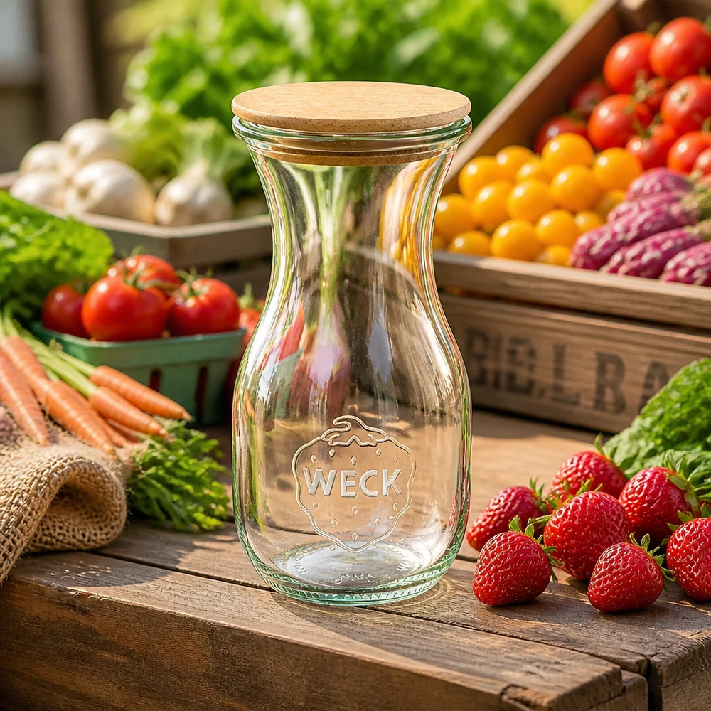 290ml sapflessen WECK RR60 met hout deksel WECK glazen fles 290ml met kurkstop tussen verse groenten en fruit op een rustieke houten tafel